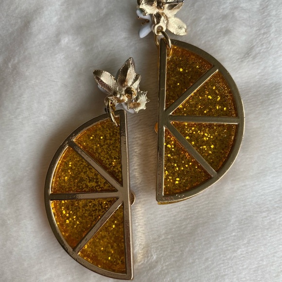 Gold & Yellow Citrus Slice Statement Earrings with Floral Detail - Picture 2 of 6
